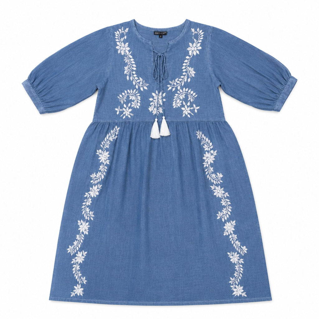 Nomad Sari On the Med Dress in Dusky Blue with Embroidery