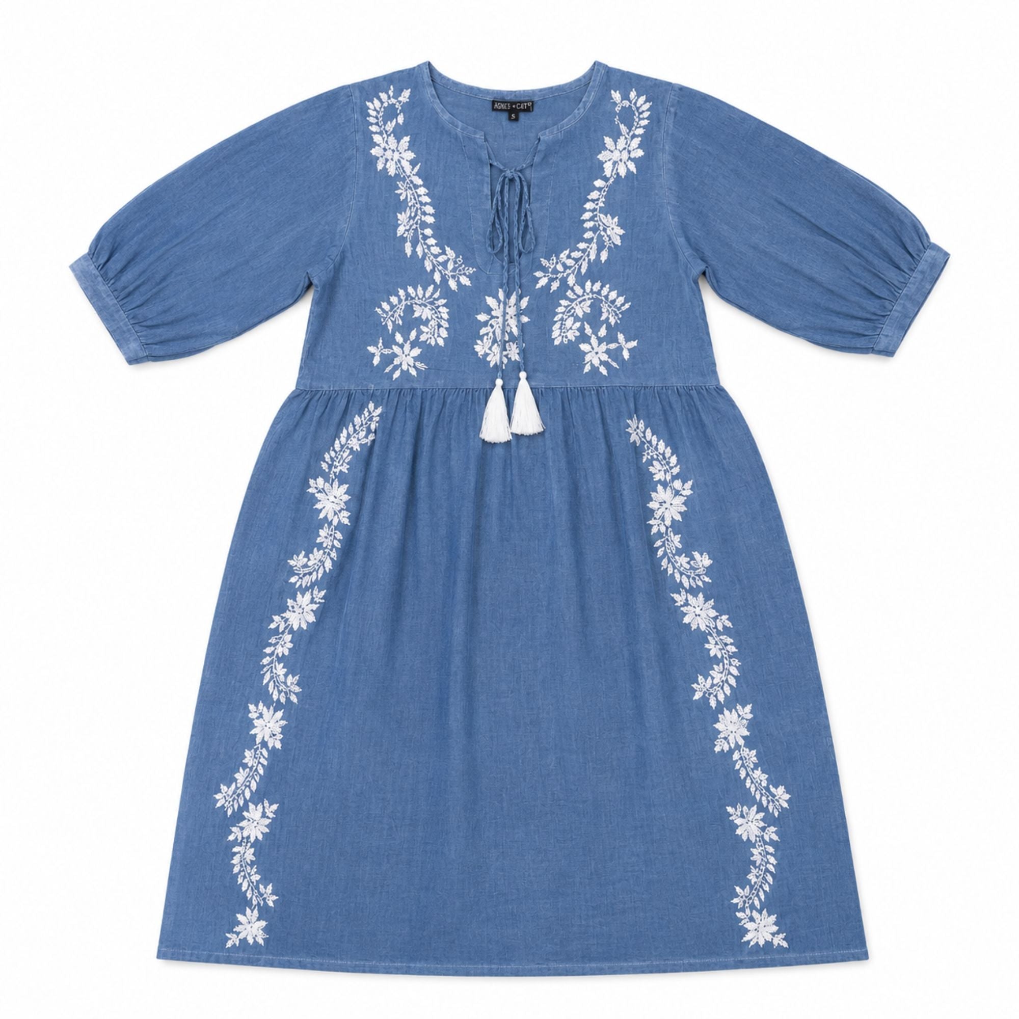 Nomad Sari On the Med Dress in Dusky Blue with Embroidery