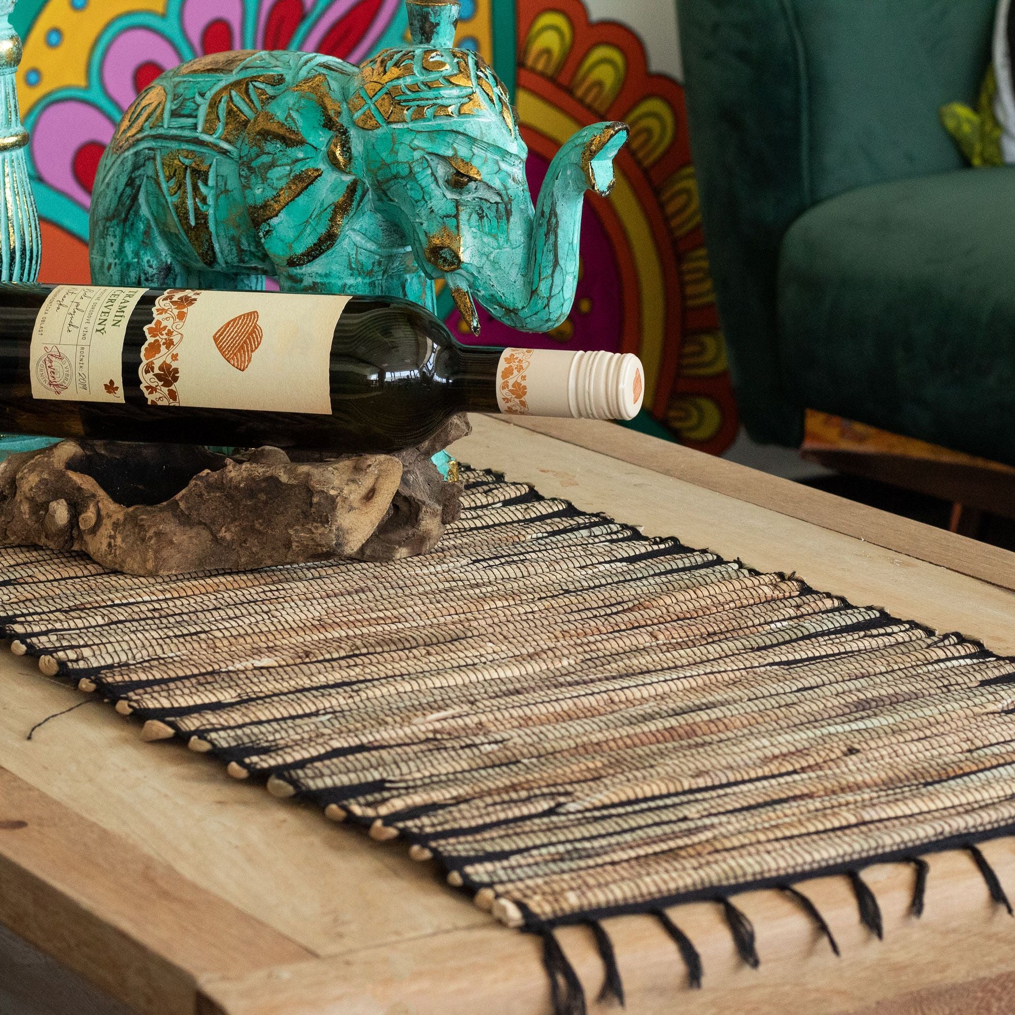 Water Hyacinth Table Runner Black Tiger Pattern with Fringe