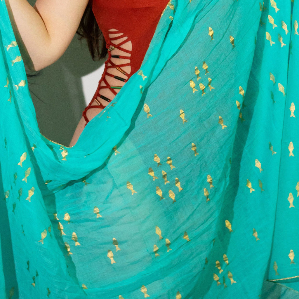 Nomad Sari Pareo in Turquoise & Gold Fish Print for Summer Style