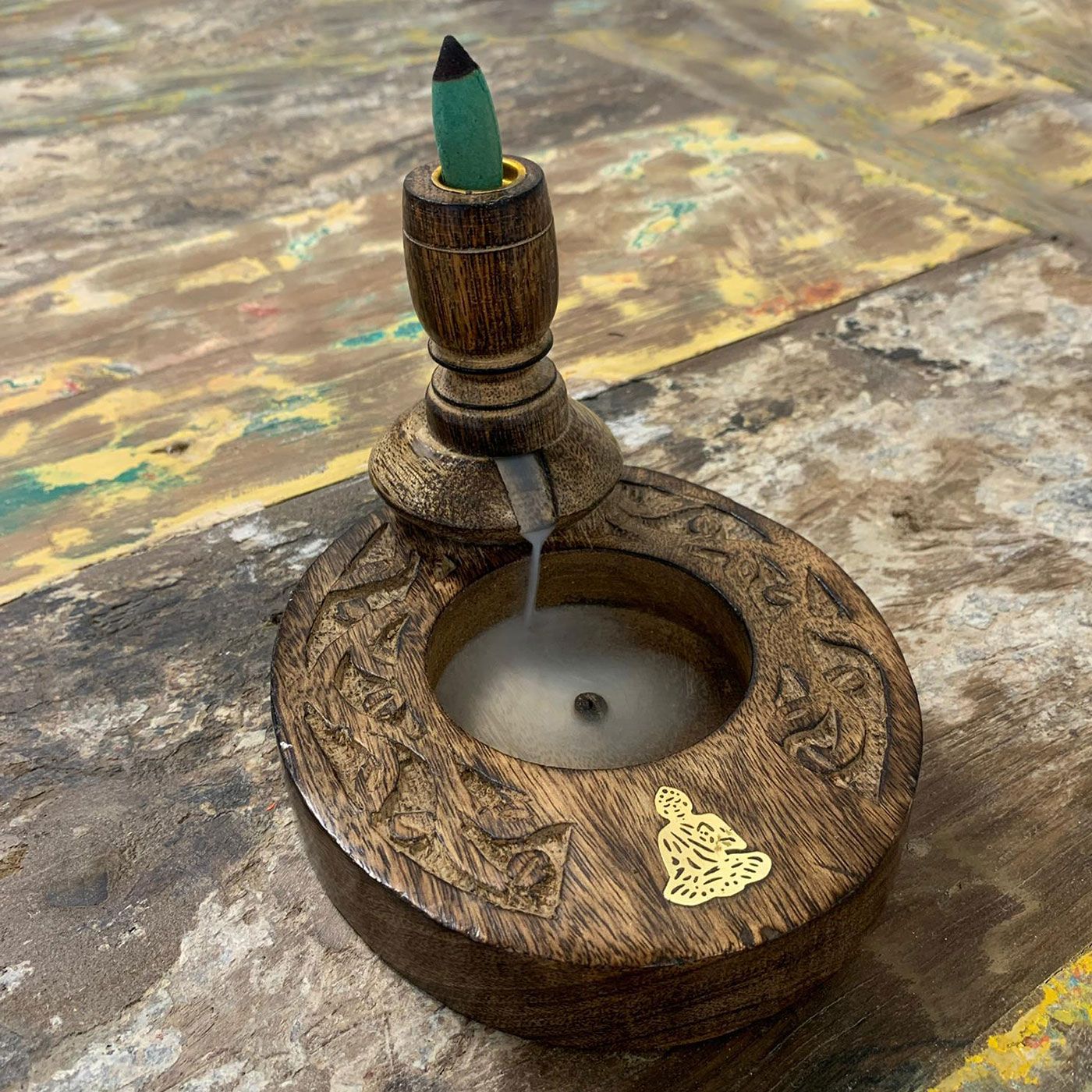 Mango Wood Backflow Burner with Brass Buddha Design for Decor