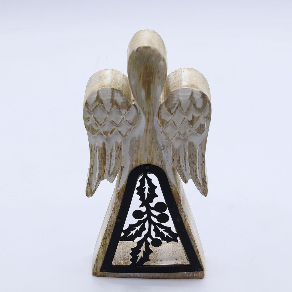Mango Wood Angel with Iron Decor Cut Out in Whitewash Finish