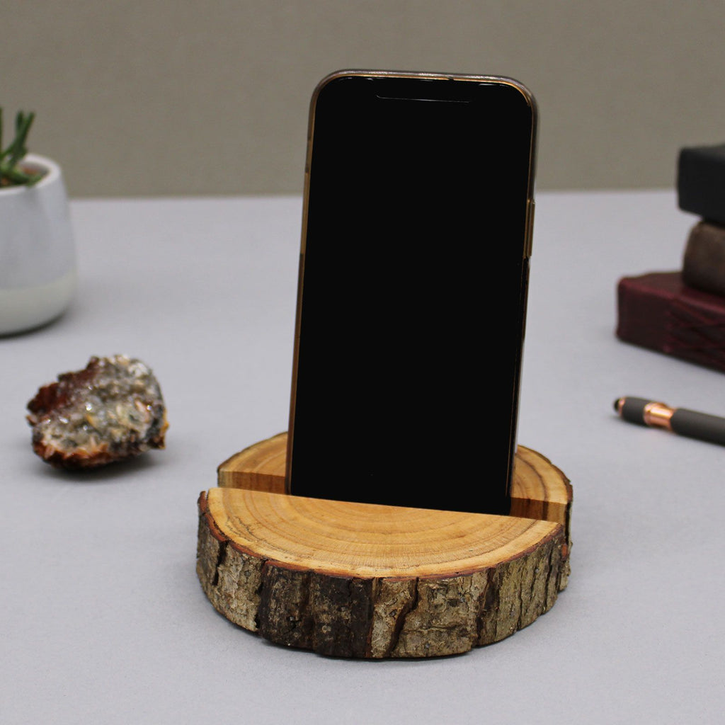 Natural Small Log Phone Holder for Hands Free Use in Modern Style