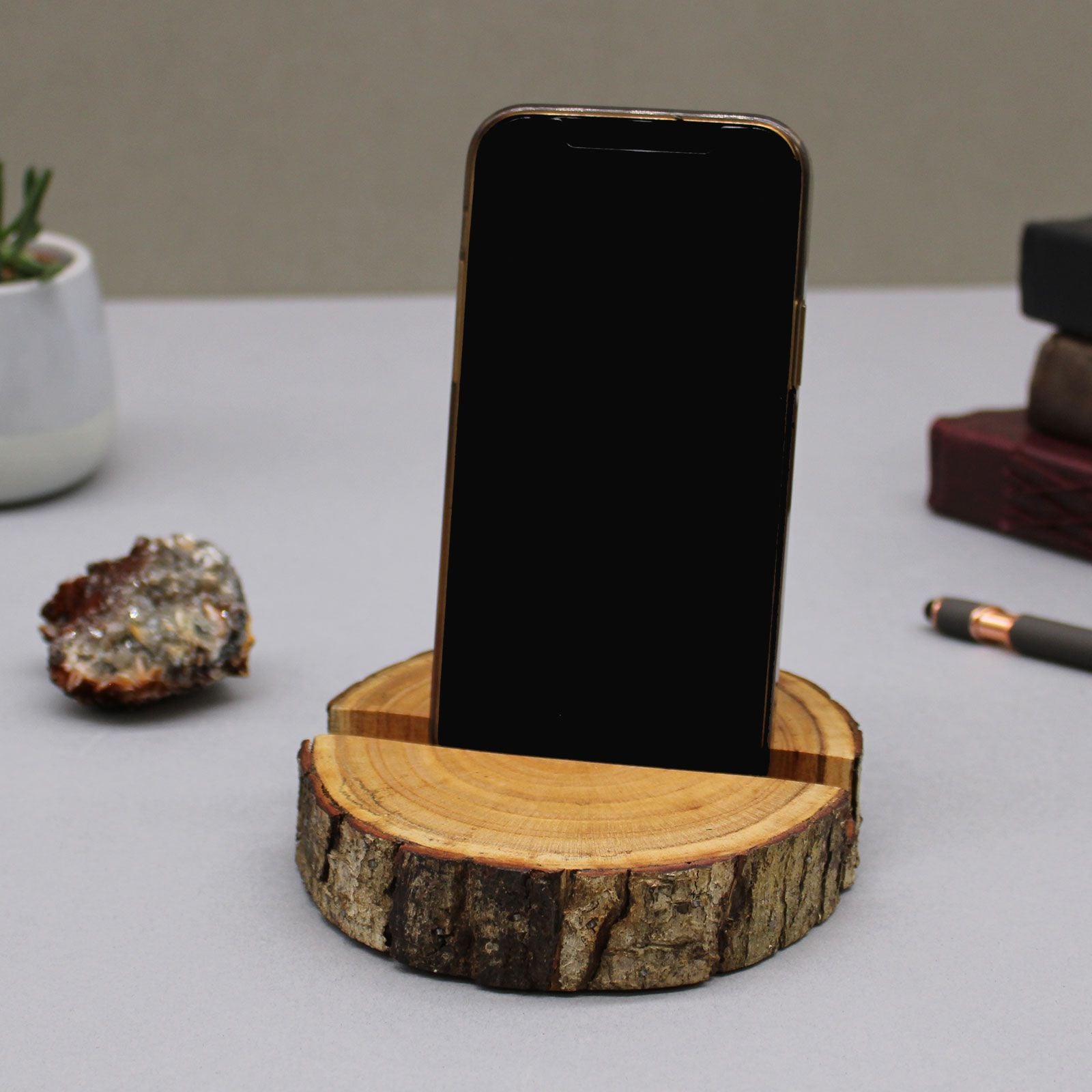 Natural Small Log Phone Holder for Hands Free Use in Modern Style