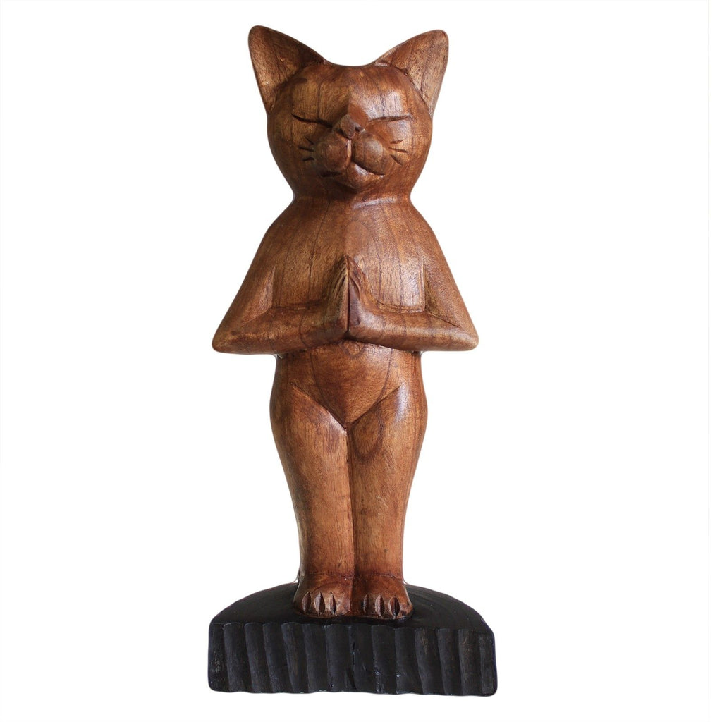 Unique Handcarved Yoga Cats Standing Wooden Sculpture for Decor