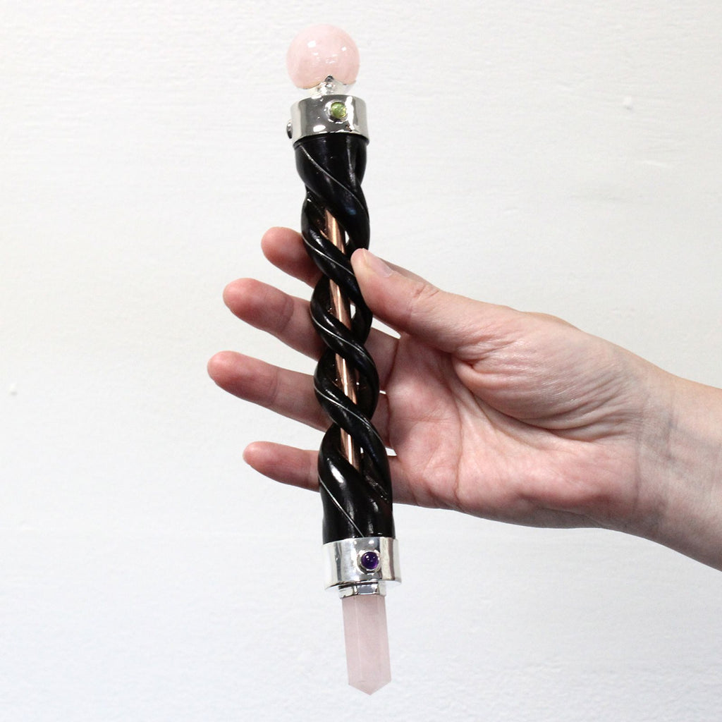 Spiral Carving Healing Wand with Copper Pipe and Rose Quartz Design
