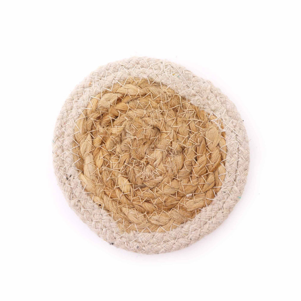 Natural Coaster Set of 4 Jute and Cotton with Ivory Border