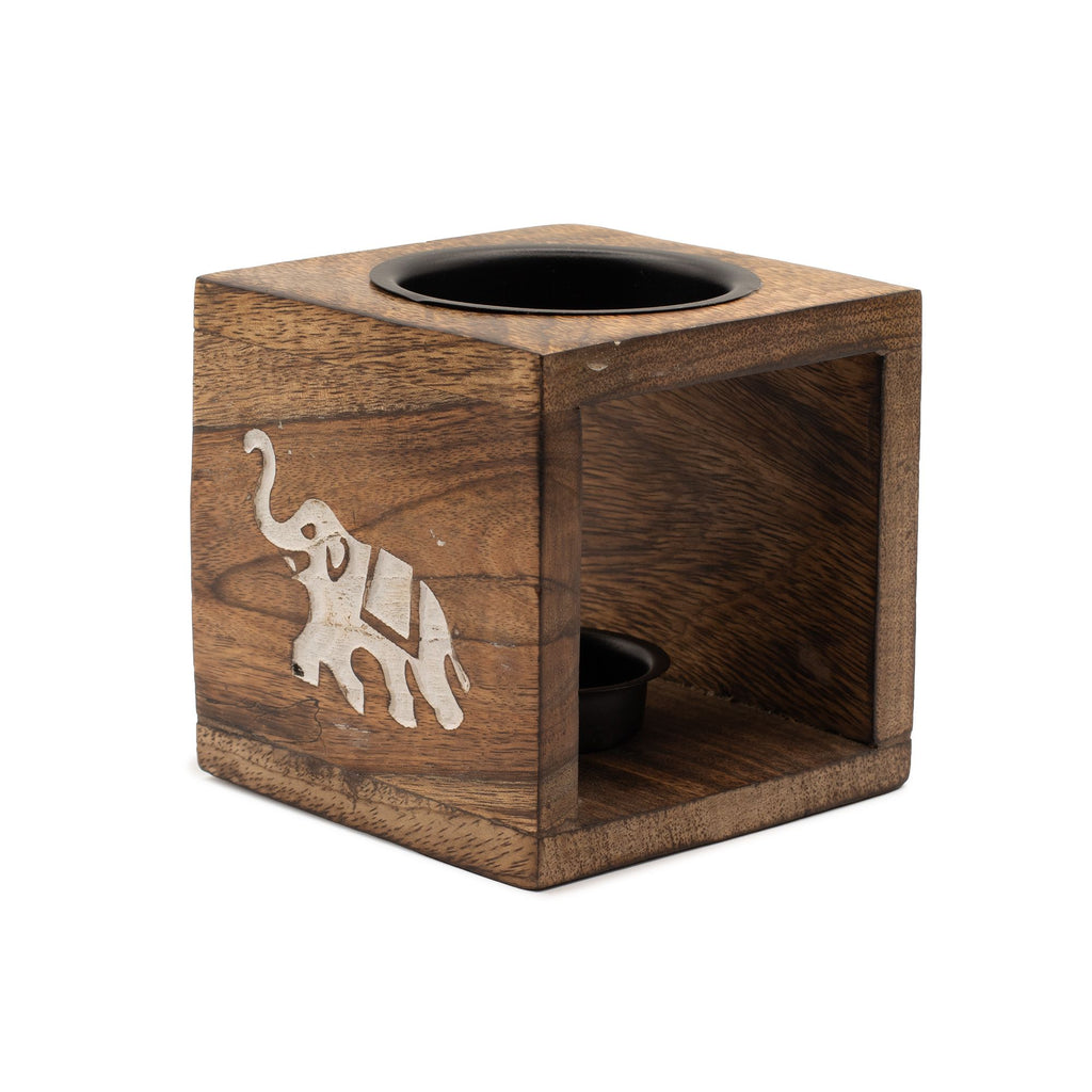 Square Mango Wood Oil Burner with Elephant Design for Fragrance