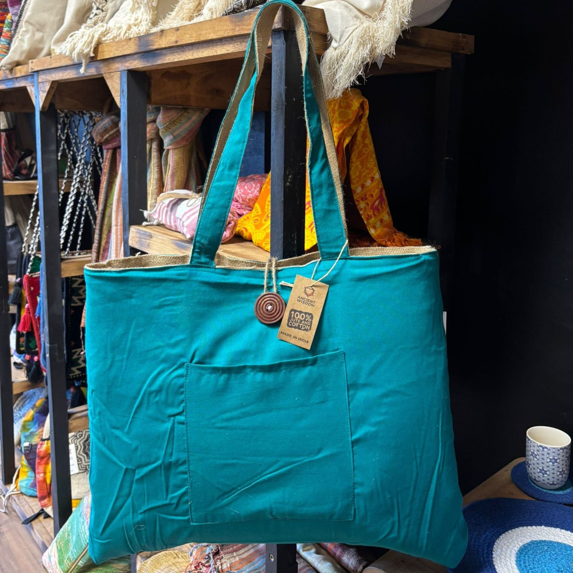 Jute & Cotton Reversible Big Bag in Teal for Stylish Storage