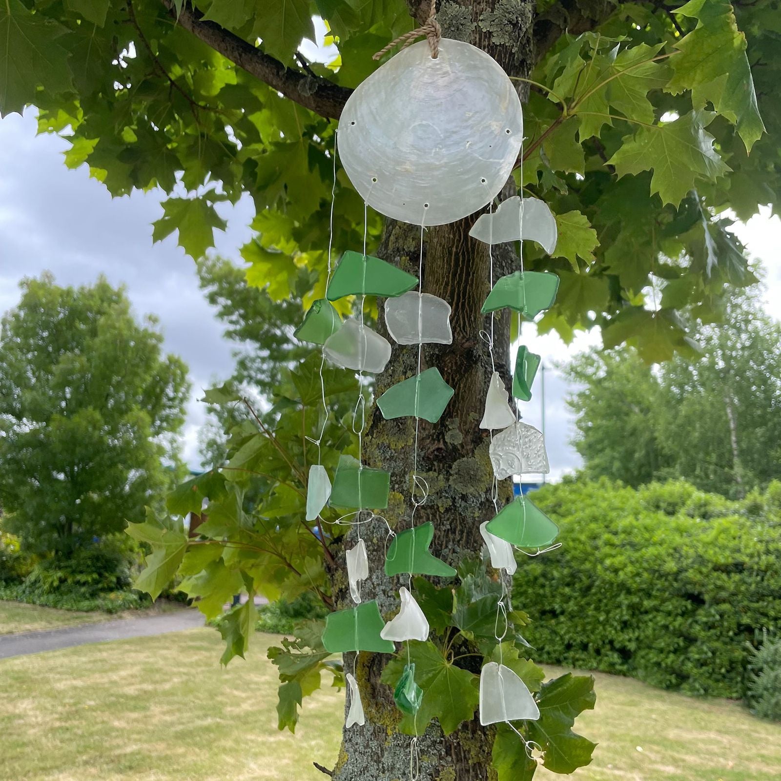 Recycled Glass Wind Chimes Copis & Glass Drop in Green & White