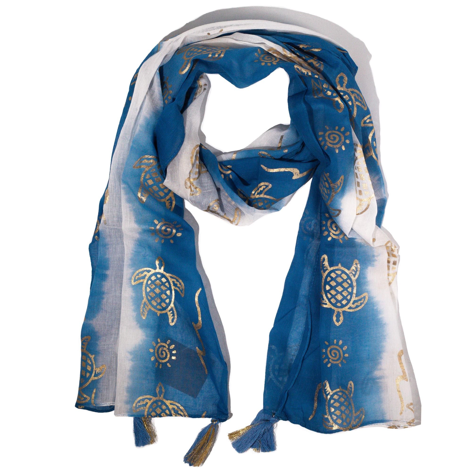 Nomad Sari Summer Turtle Print Scarf in Sea Blue with Tassels