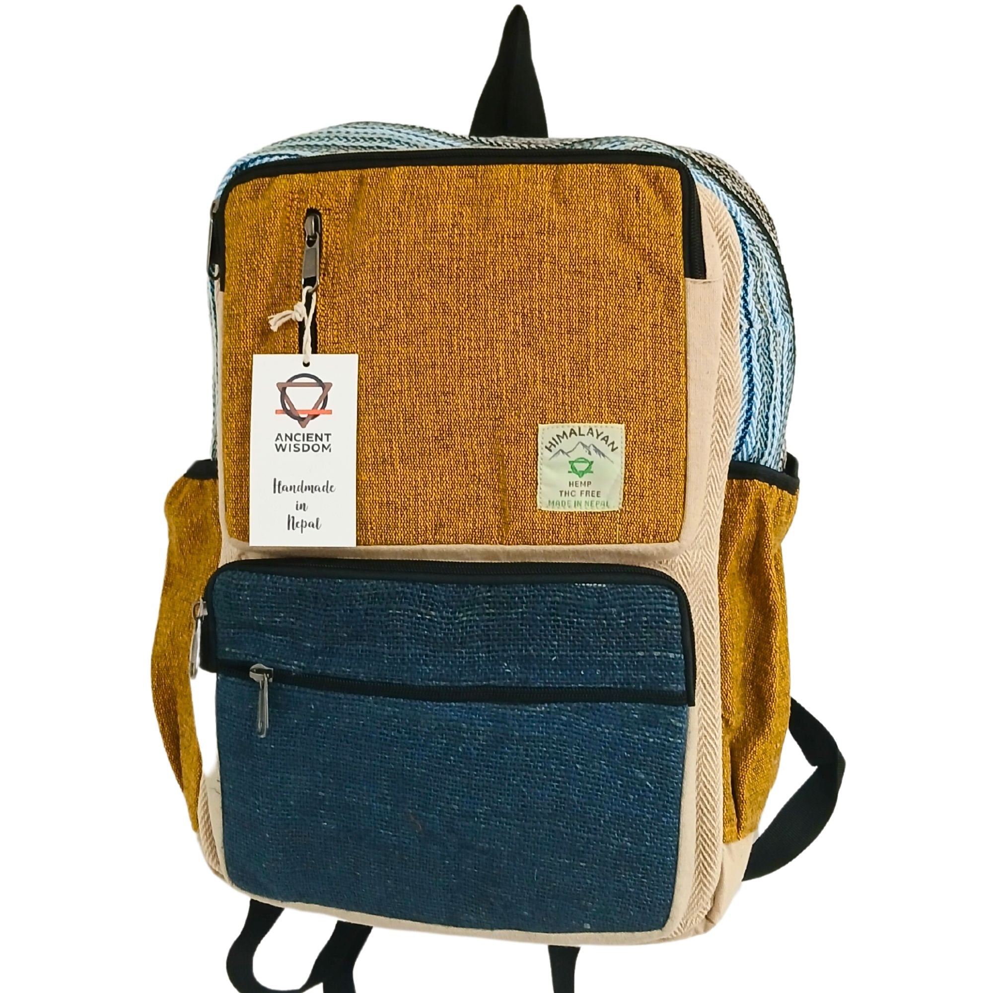 Large Boxy Hemp Backpack in Teal and Tumeric Colour Design