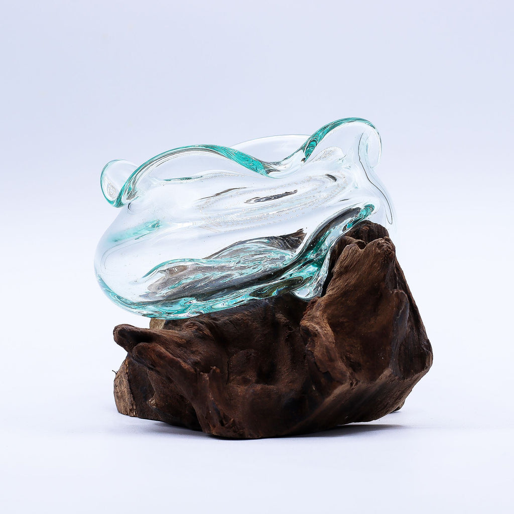 Molten Glass Wavy Bowl on Wood 18cm for Unique Home Décor
