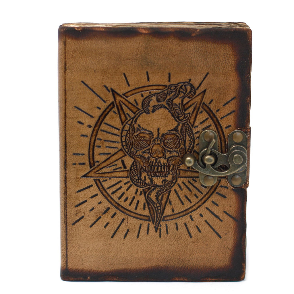 Leather Pentagon & Skull Notebook with Burns Detail 7x5 Inches