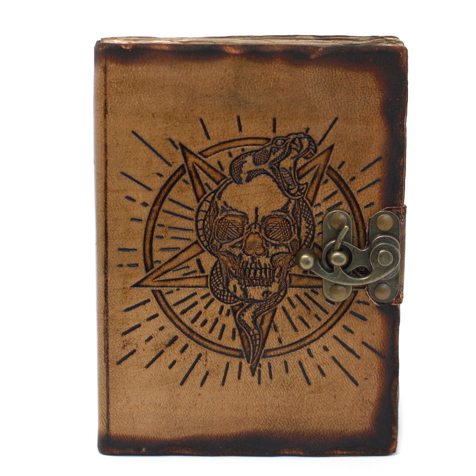 Leather Pentagon & Skull Notebook with Burns Detail 7x5 Inches