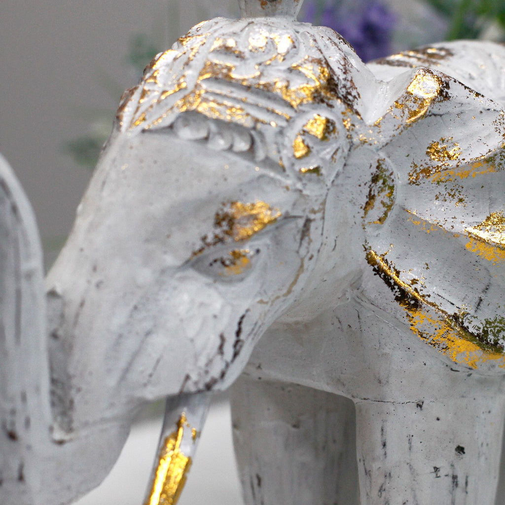 Wood Carved Elephant Decorative Figure in White Gold for Home Decor