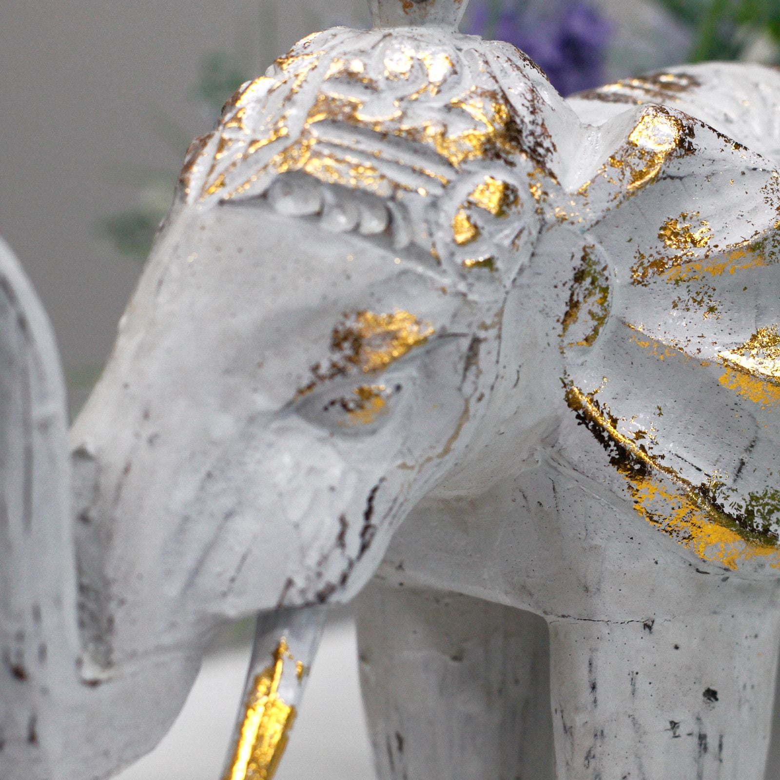 Wood Carved Elephant Decorative Figure in White Gold for Home Decor