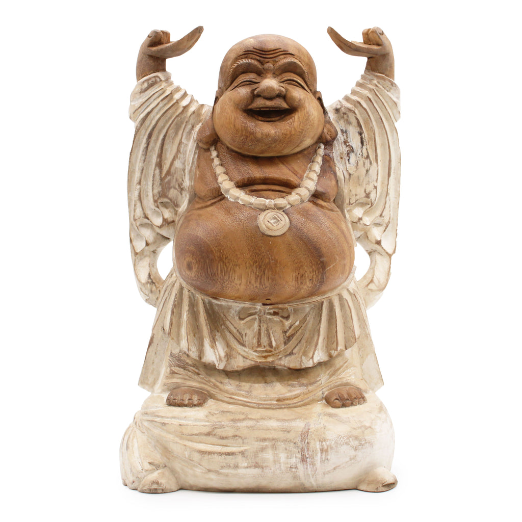 Hand Carved Happy Buddha Hands Up Statue in Whitewash 40cm