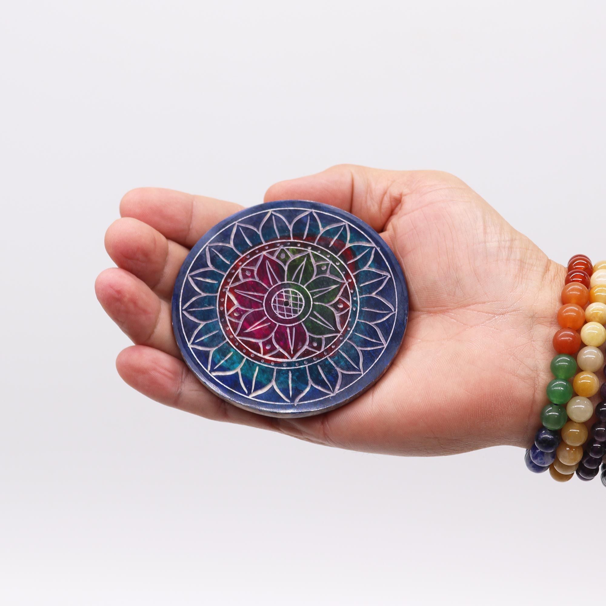 Soapstone Disc Incense Holder with Elegant Lotus Flower Design