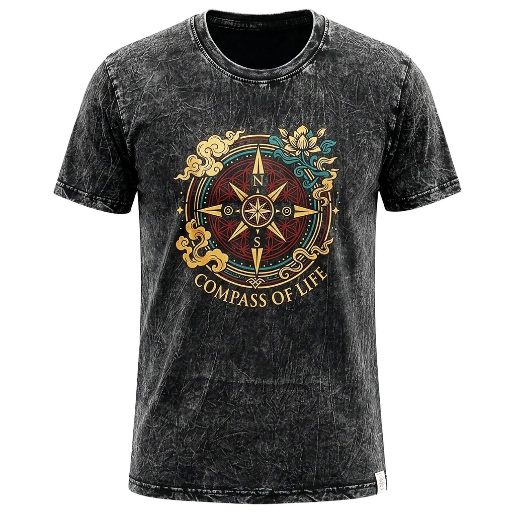 Nomad Sari Stonewashed Cotton T Shirt with Compass of Life Design