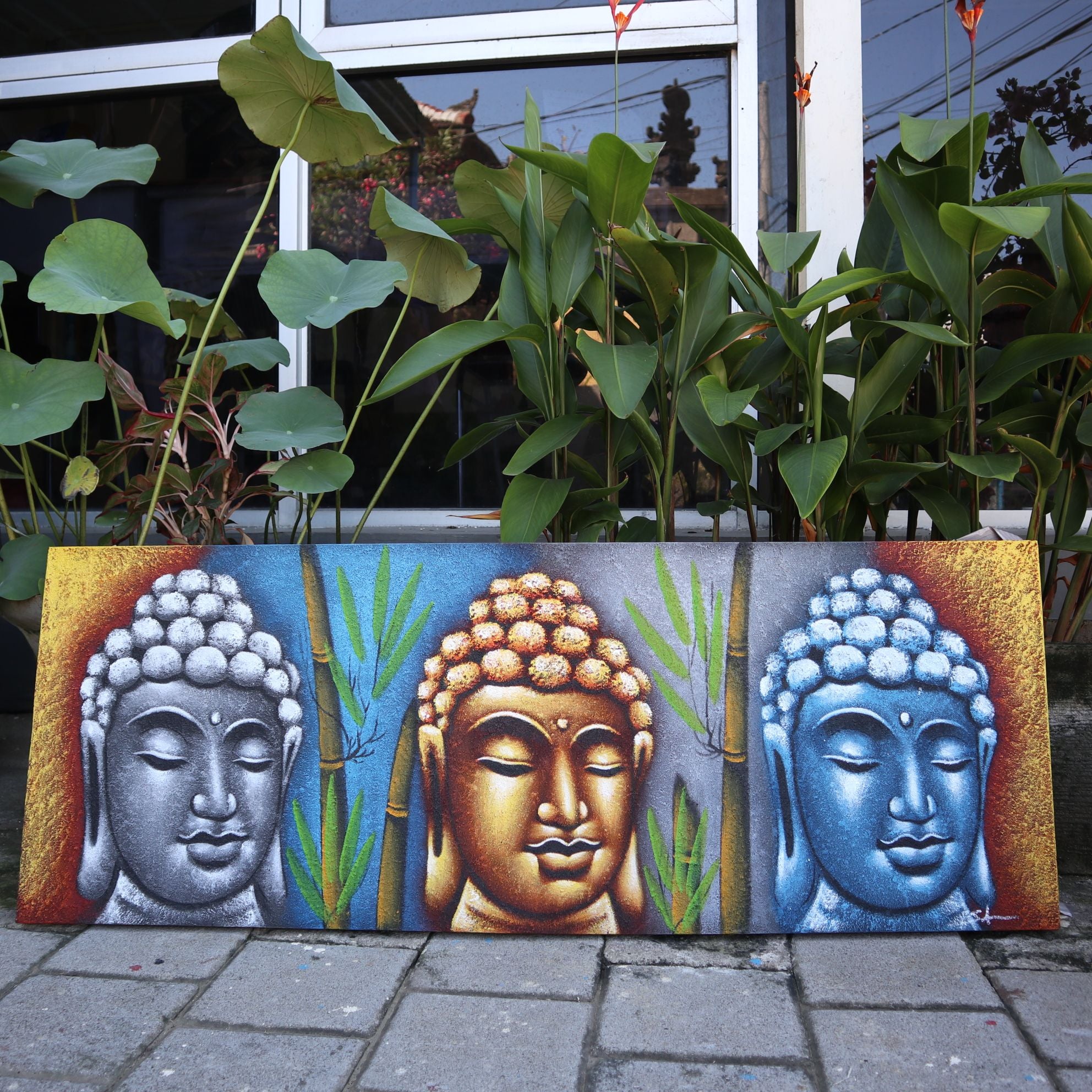 Buddha Painting Three Heads With Bamboo for Elegant Home Decor