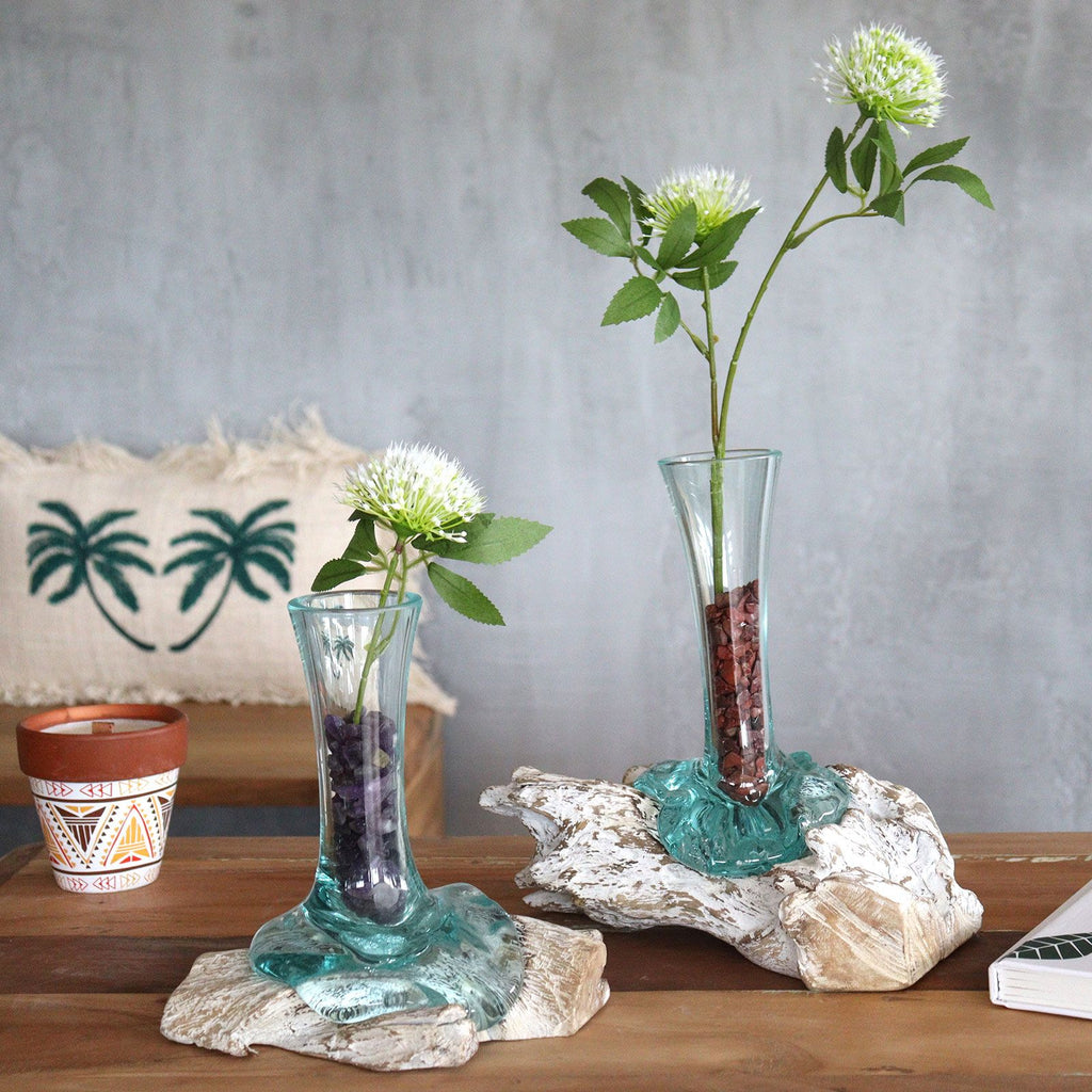 Medium Molten Glass on Whitewash Wood Vase for Home Decor