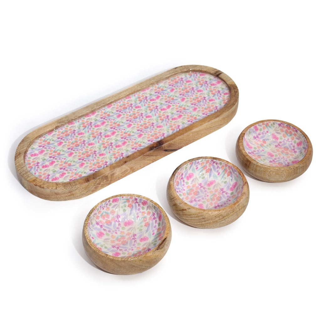 Mango Wood Tray with 3 Bowls Featuring Charming Floral Design