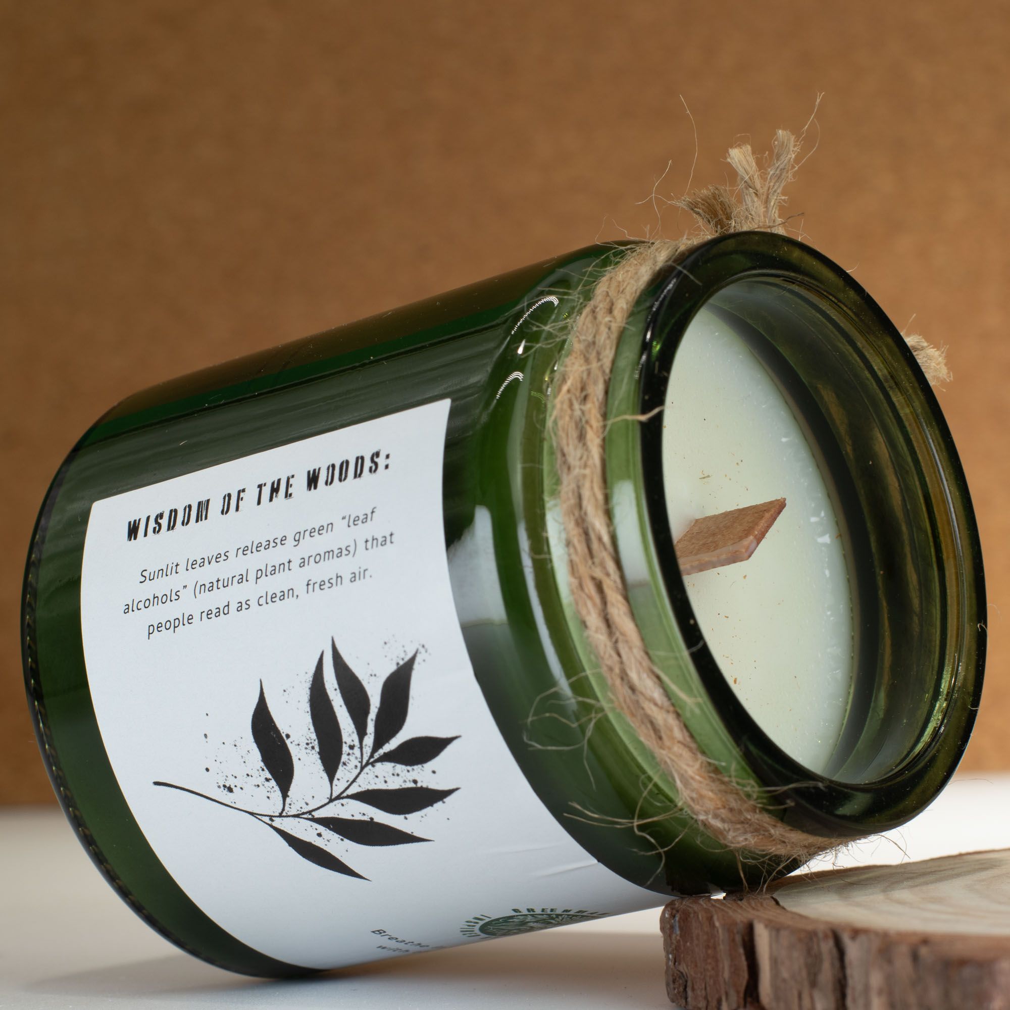 Greenman Woodwick Soy Candle Leaves & Linen in Deep Green Jar