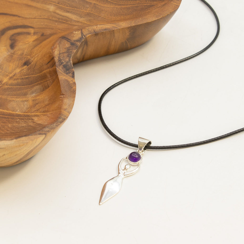 Indian Devotional Pendant Silver Plated with Goddess Amethyst Stone