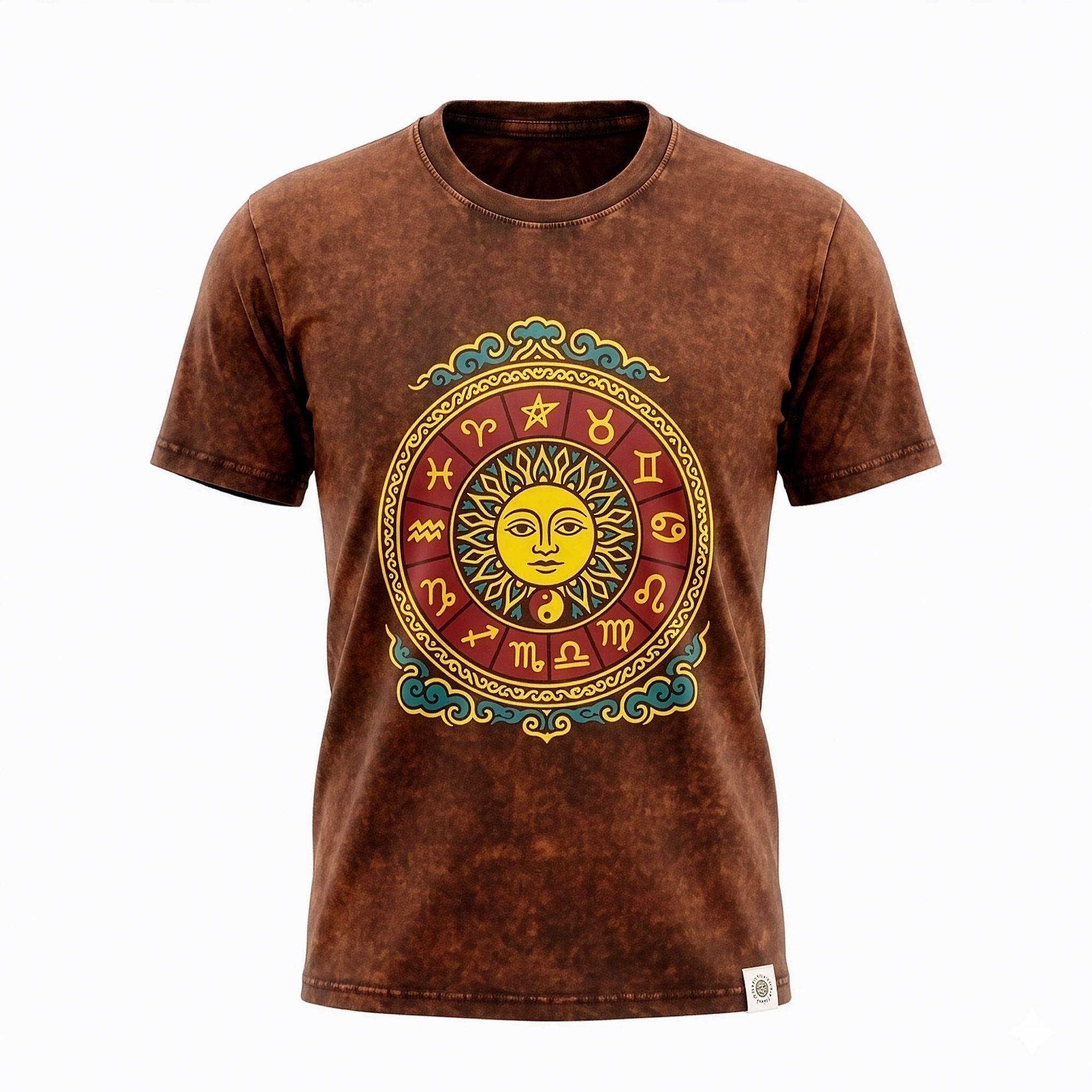 Nomad Sari Stonewashed Cotton T Shirt with Sun Zodiac Design