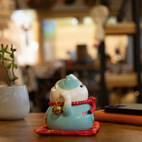 Japanese Lucky Cat Ceramic Money Box on Cushion – Blue