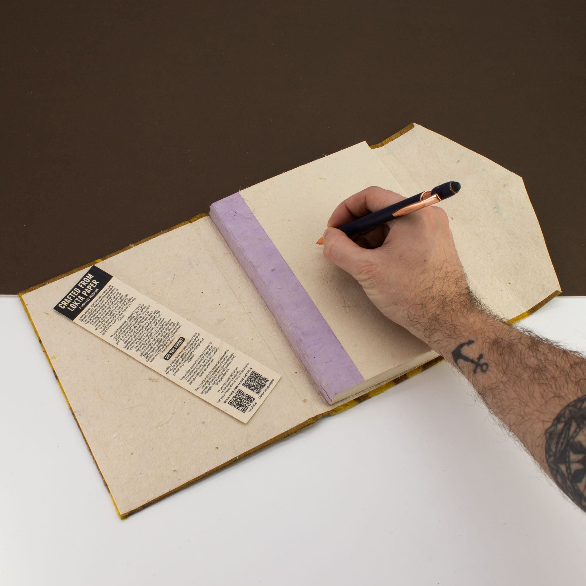 Lokta Bold Floral Notebook Large with Bookmark in Mustard Brown
