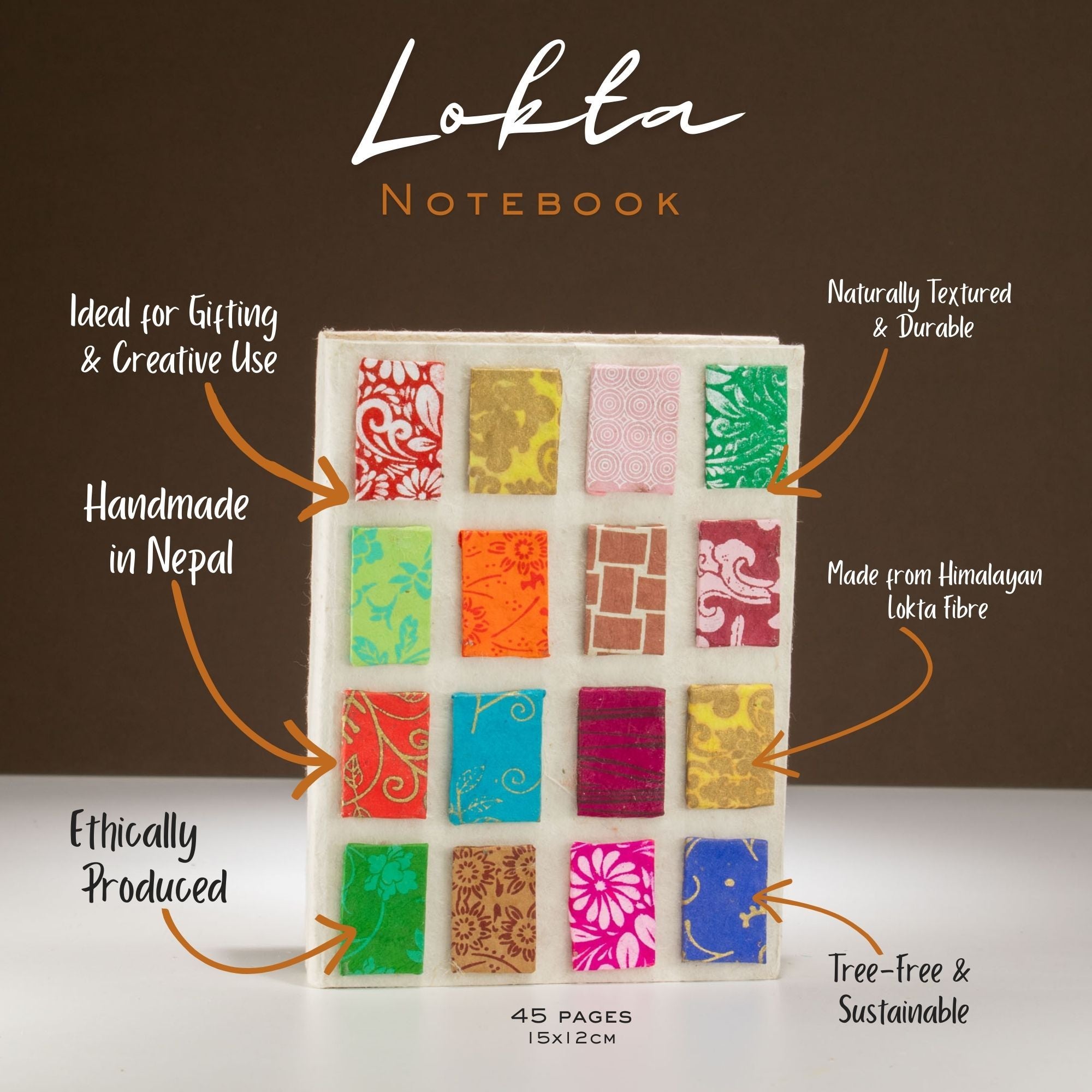 Lokta Mini Tiles Notebook Medium 15x12cm with 45 Leaves Natural