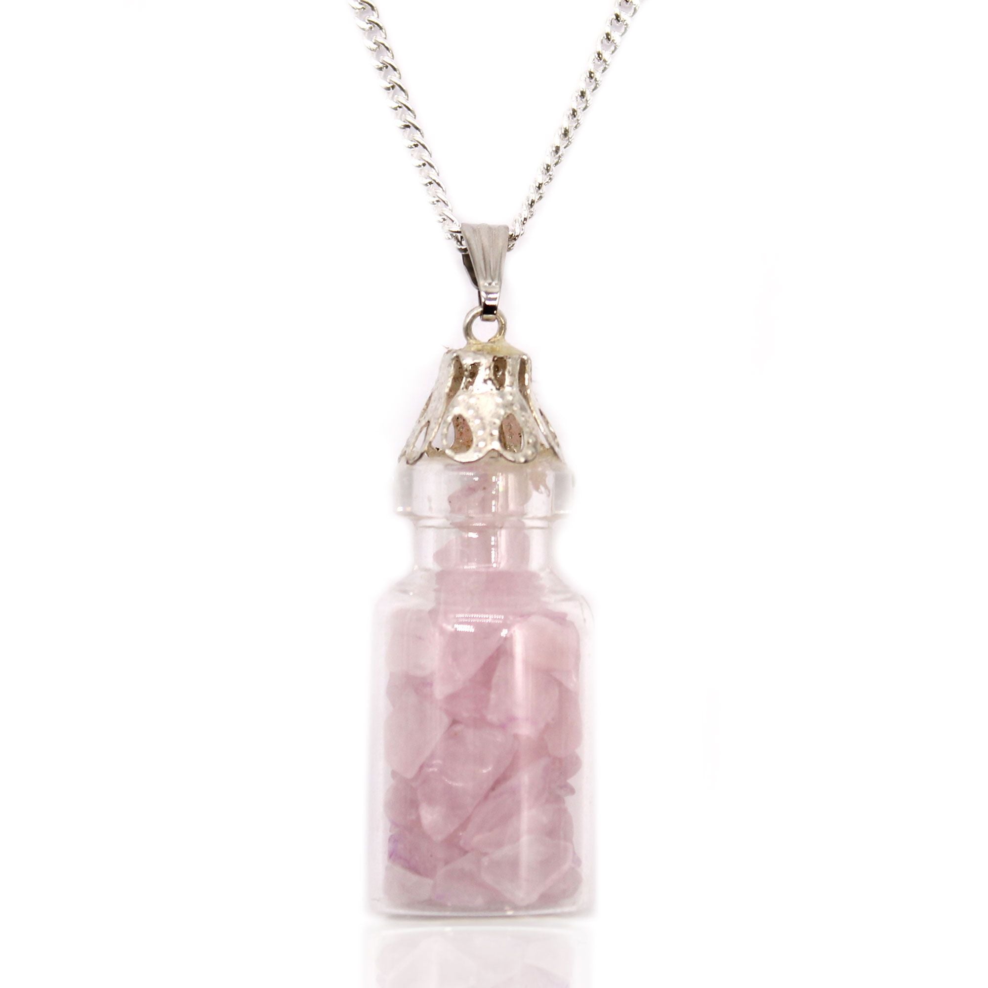 Bottled Gemstones Necklace with Rose Quartz and Decorative Cap