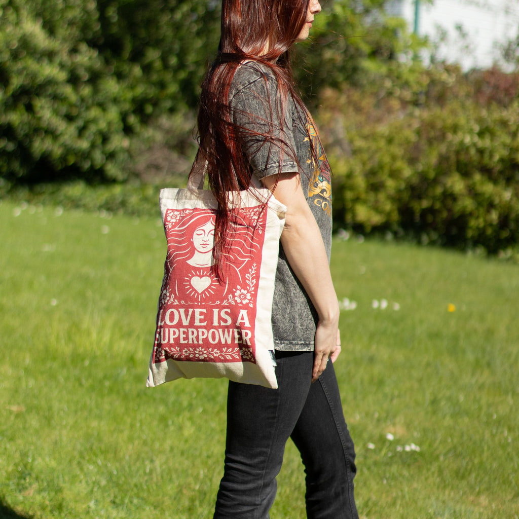 Nomad Sari Iconic Toni Tote Bag with Love is a Super Power Design
