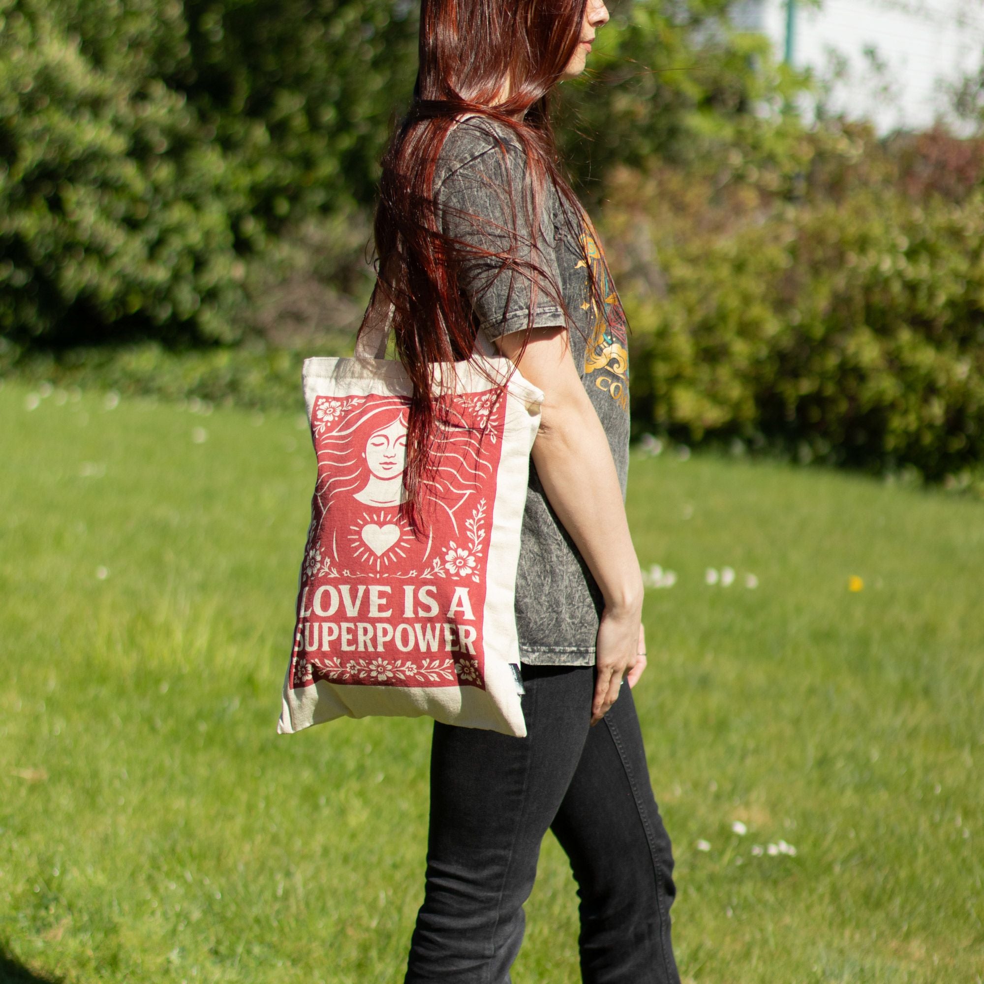 Nomad Sari Iconic Toni Tote Bag with Love is a Super Power Design