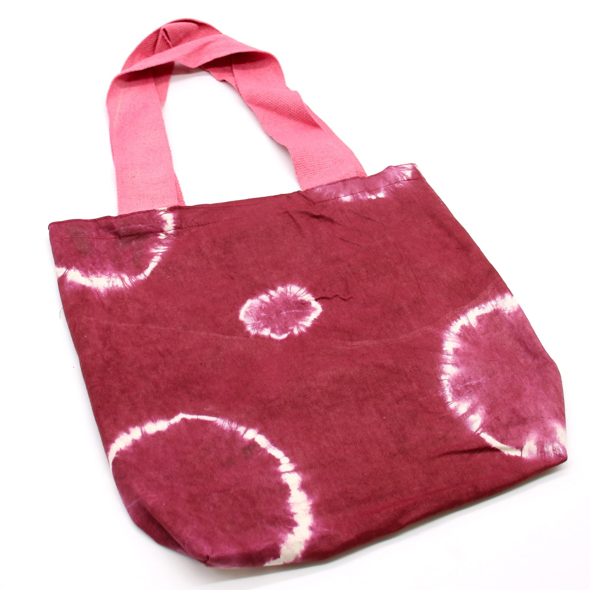 Natural Tye Dye Cotton Bag with Maroon Rings and Pink Handle