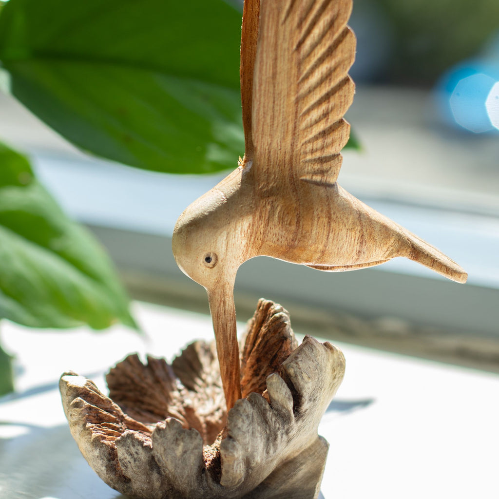 Handmade Parasite Wood Art Carving of Hummingbird Drinking Nectar