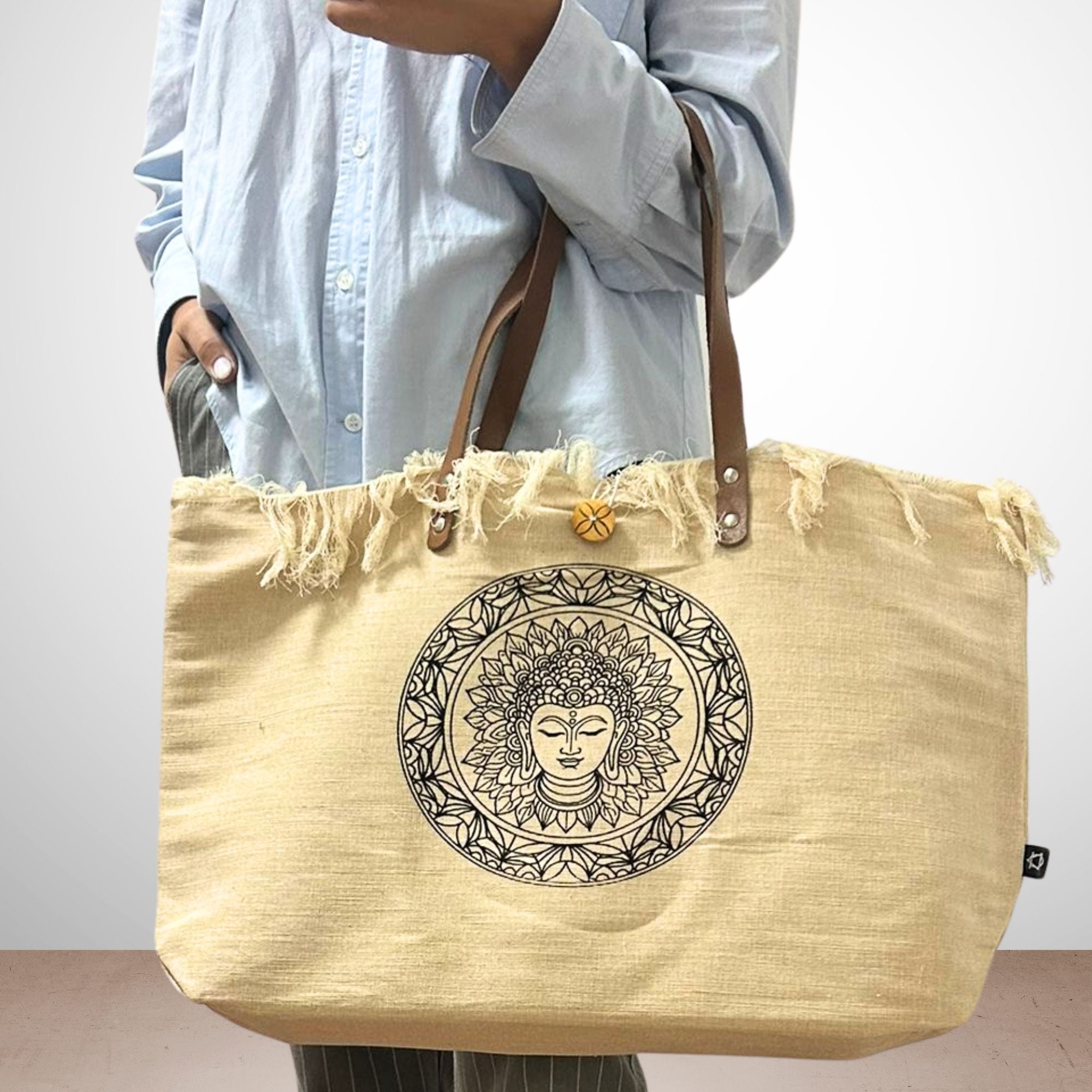 Natural Tote Bag with Leather Handle and Inspirational Design