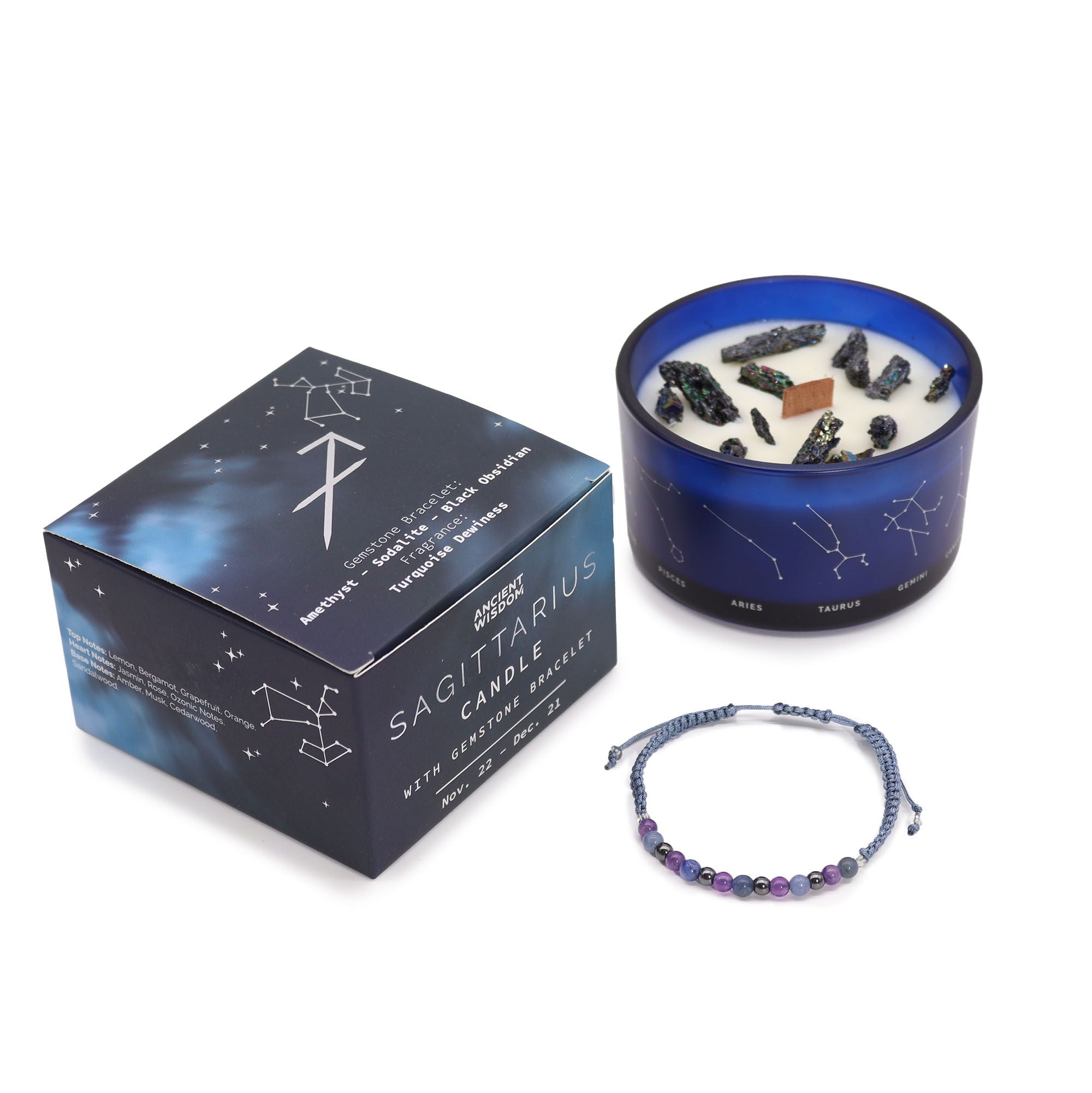 Zodiac Crystal Candle with Gemstone Bracelet for Sagittarius Gift