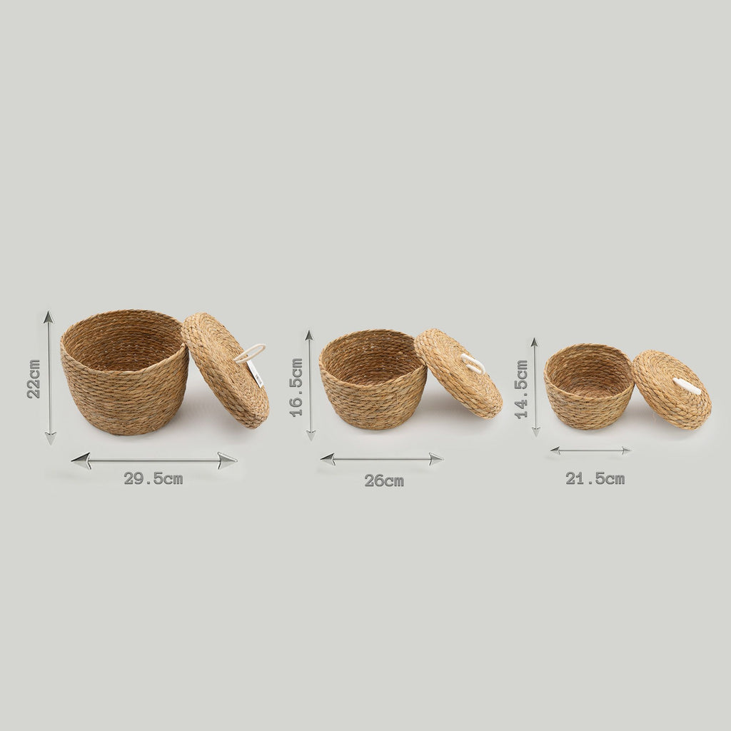 Natural Seagrass and Cotton Round Baskets with Lids Set of 3