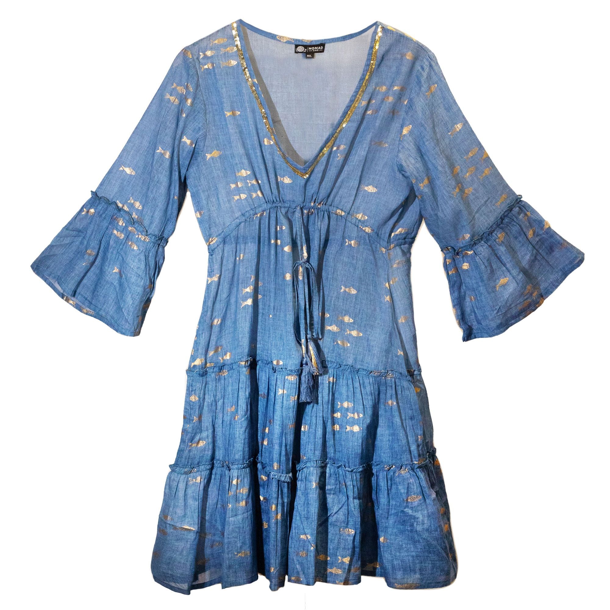 Nomad Sari Sea Blue and Gold Fish Print Dress for Summer Style