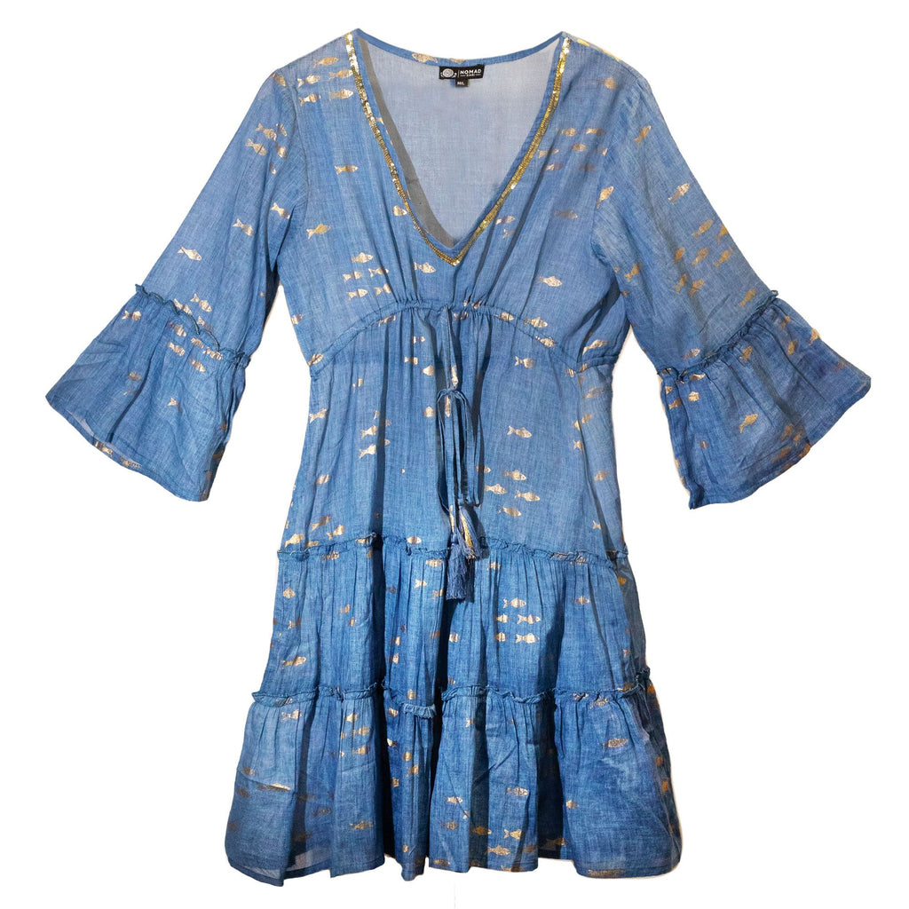 Nomad Sari Sea Blue & Gold Fish Print Dress for Summer Style
