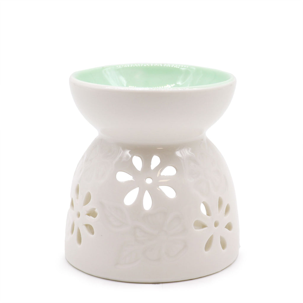 Classic White Oil Burner with Floral Design and Teal Well Feature