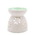 Classic White Oil Burner with Floral Design and Teal Well Feature