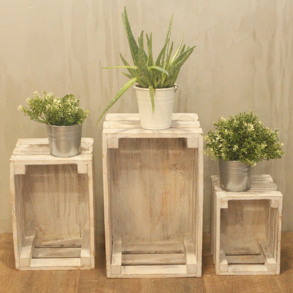 Wooden Storage Crates Set of 3 in Whitewash for Home Organisation