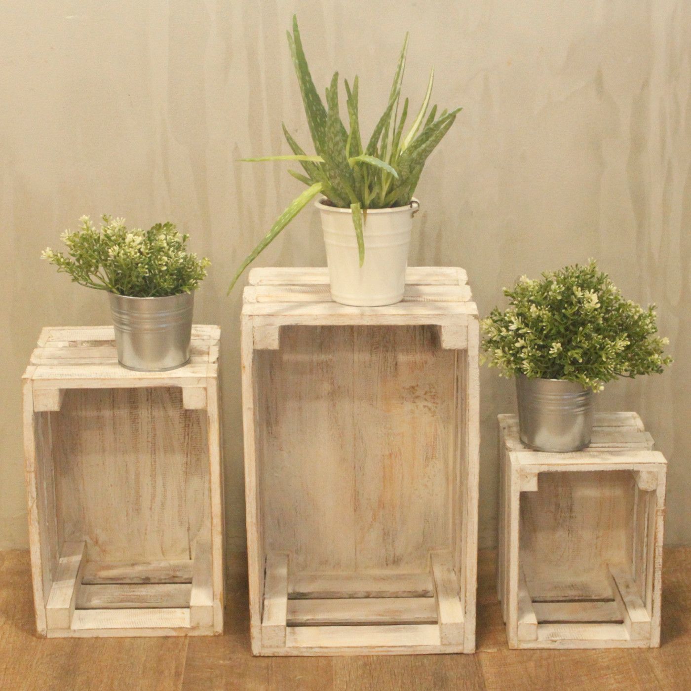Wooden Storage Crates Set of 3 in Whitewash for Home Organisation