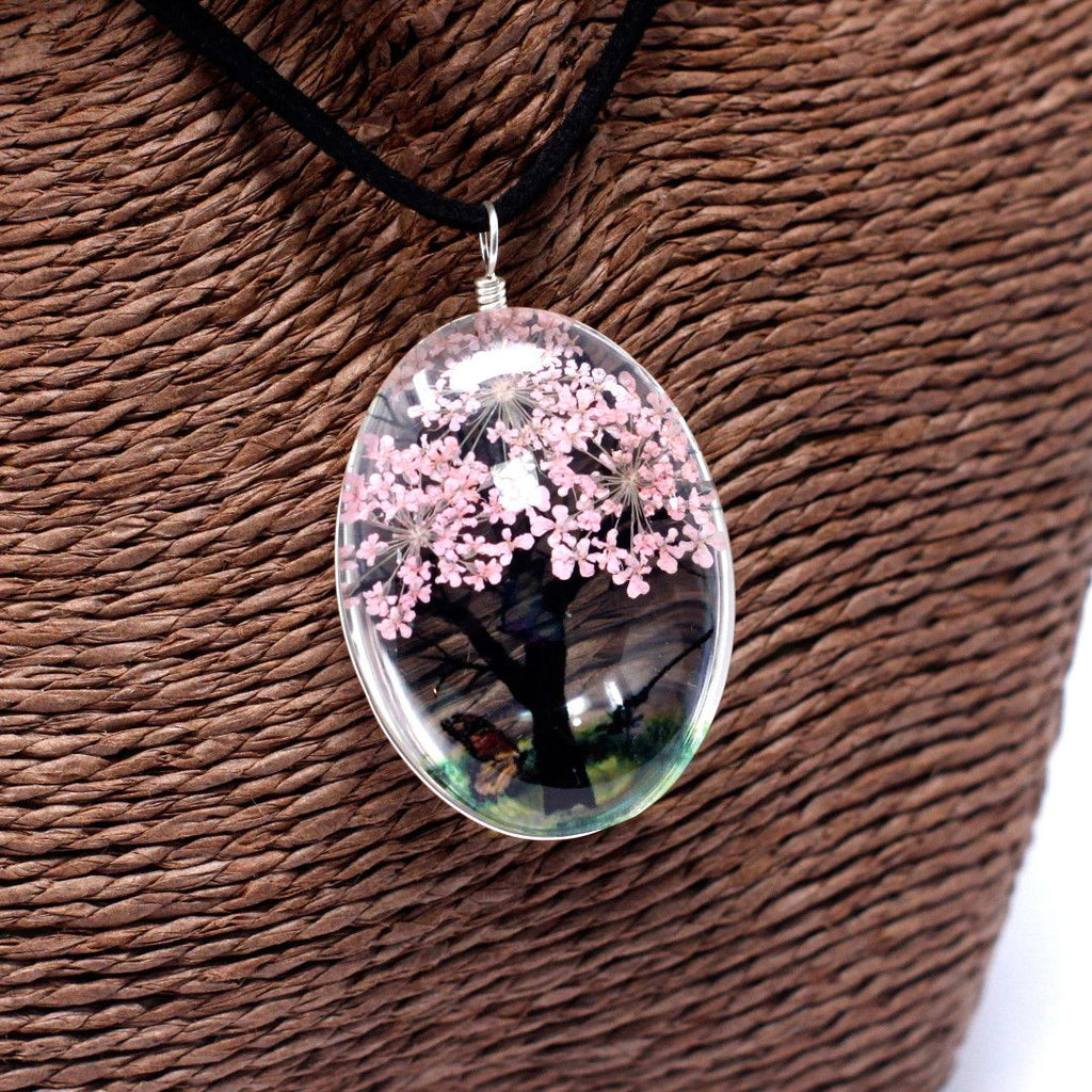 Pressed Flowers Tree of Life Set in Pink Unique Jewellery Gift