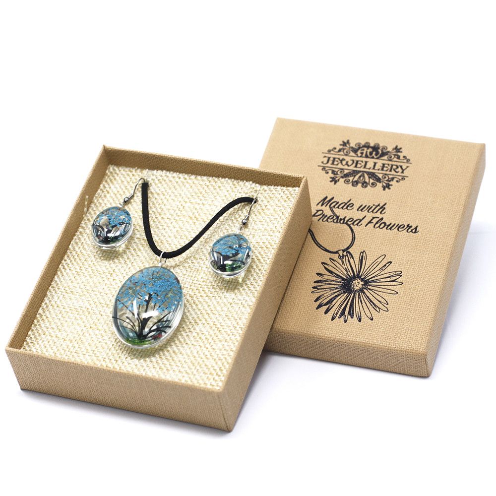 Pressed Flowers Tree of Life Set in Teal for Unique Nature Jewellery
