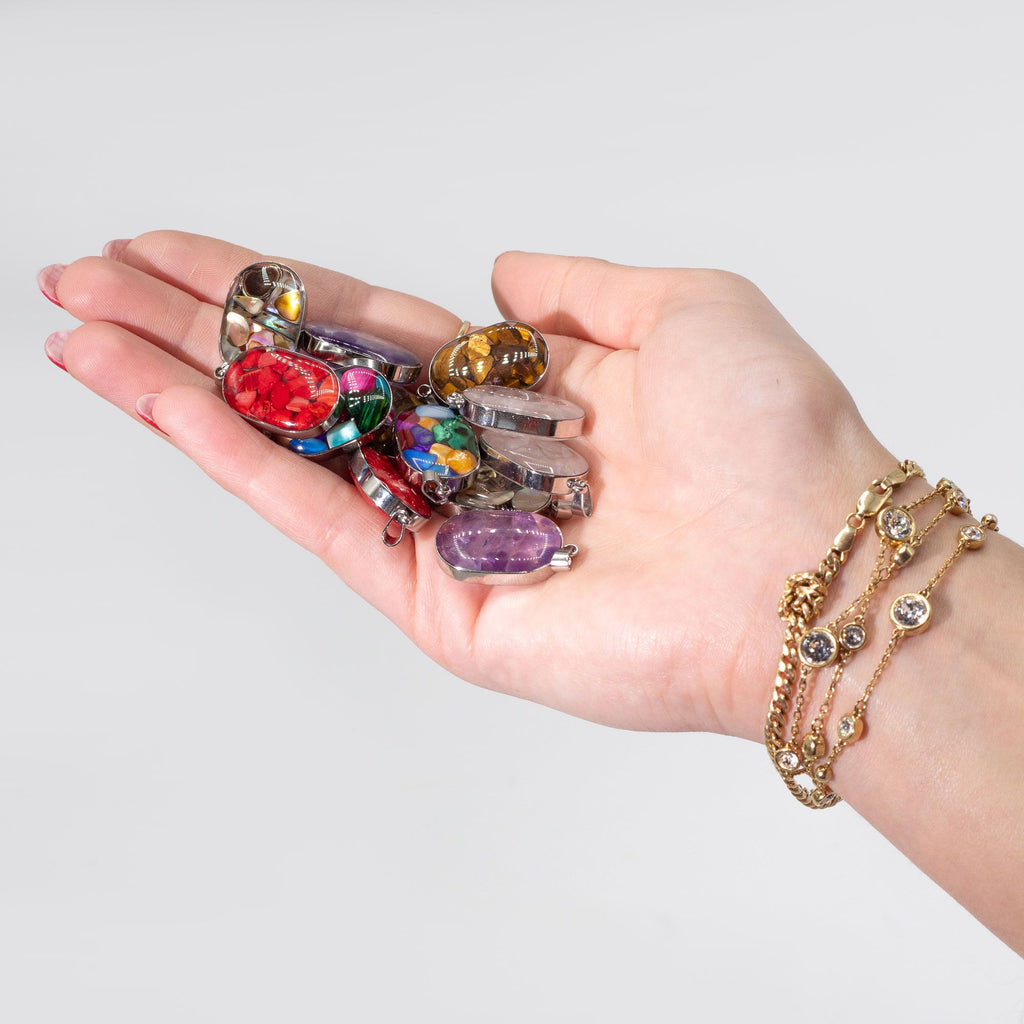 Steel Cased Pendant Ovals with 12 Assorted Gemstone Chips & Shells